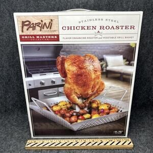 NEW Parini Grill Masters Chicken Roaster Stainless Steel Vegetable Basket